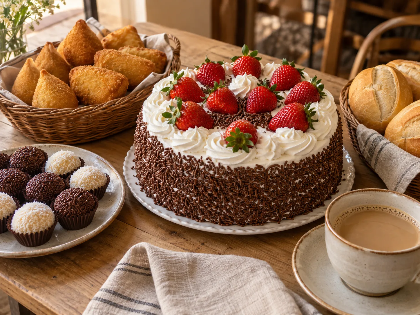 Mesa da Tody com torta de morango, coxinhas, brigadeiros, beijinhos e pão francês